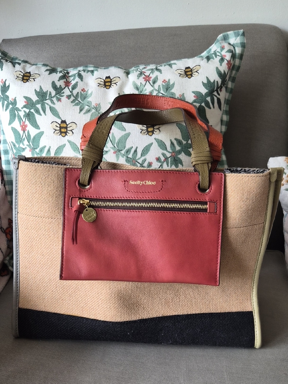 See By Chloe Multicolor Wool Tote with Leather Pocket